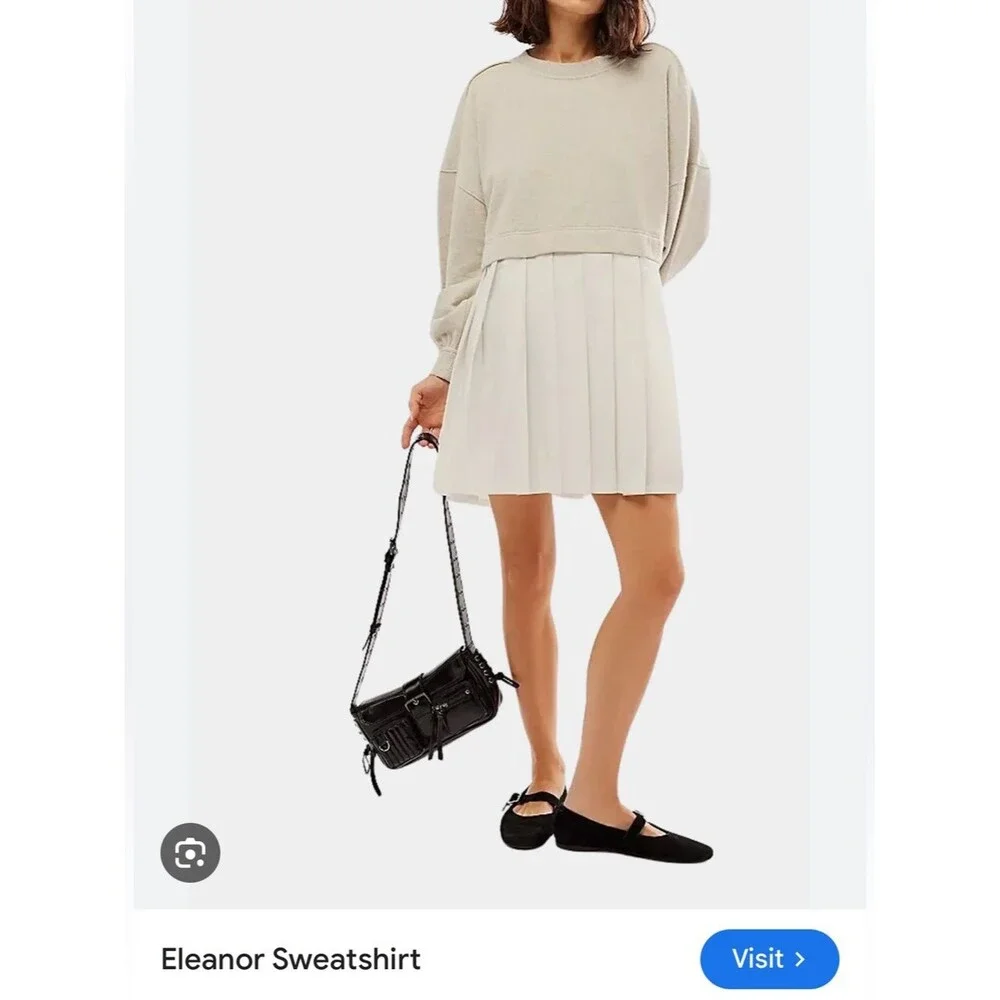 Free People Eleanor Sweatshirt dress Cream pleated skirt heart embroidery NWOT